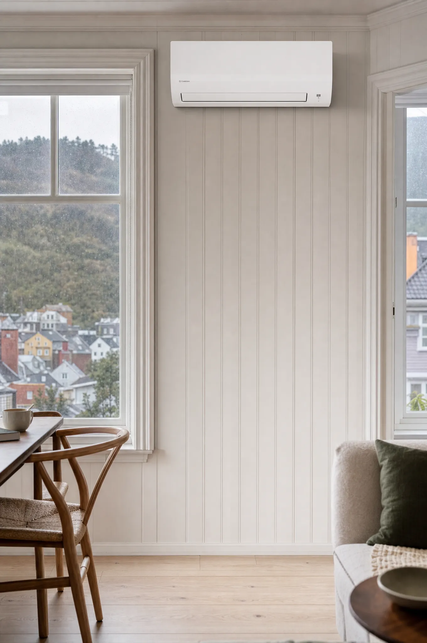 Daikin Moskus varmepumpe på panelvegg i et eldre bergensk trehus