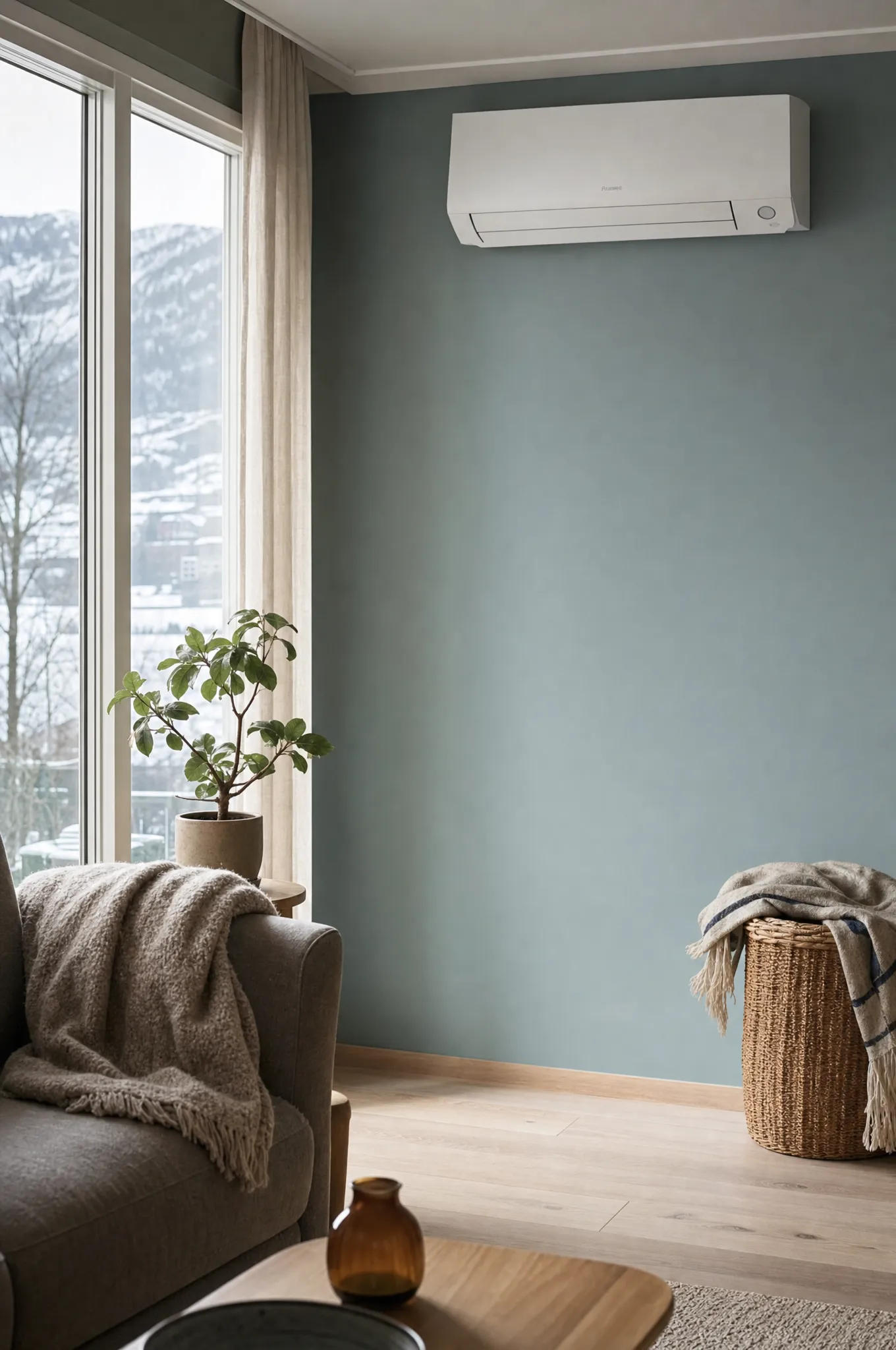 Daikin Synergi varmepumpe i en stue med snødekt fjellside utenfor vinduet
