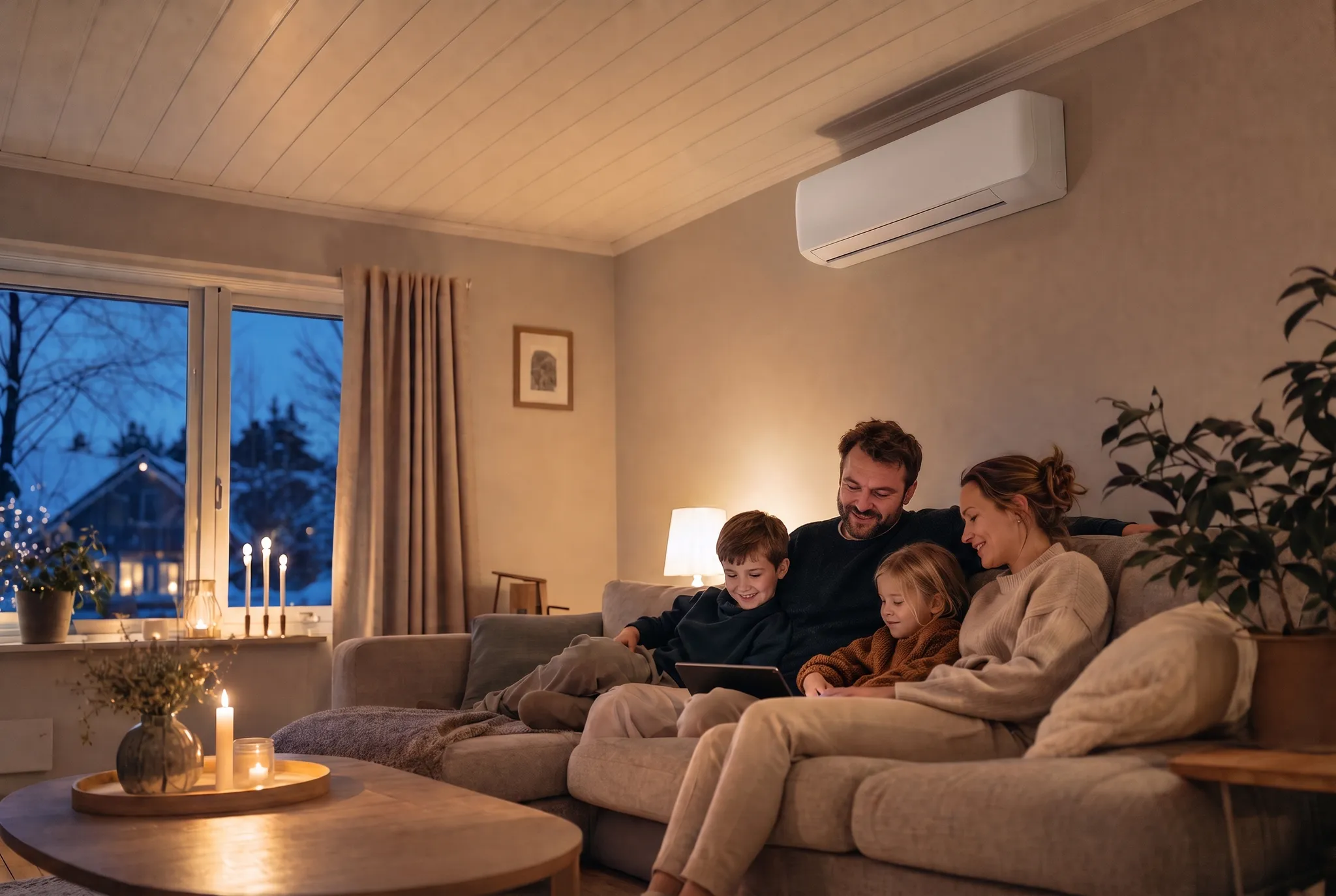 Familie koser seg i en varm stue med varmepumpens innedel på veggen